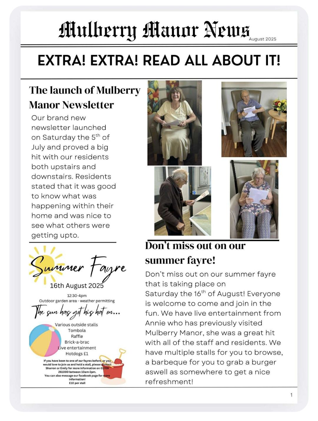 Mulberry Manor care home newsletter